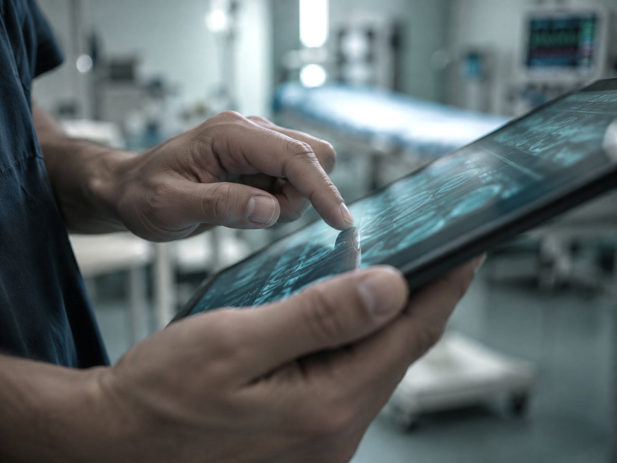 Hände halten ein Tablet in einer klinischen Umgebung
