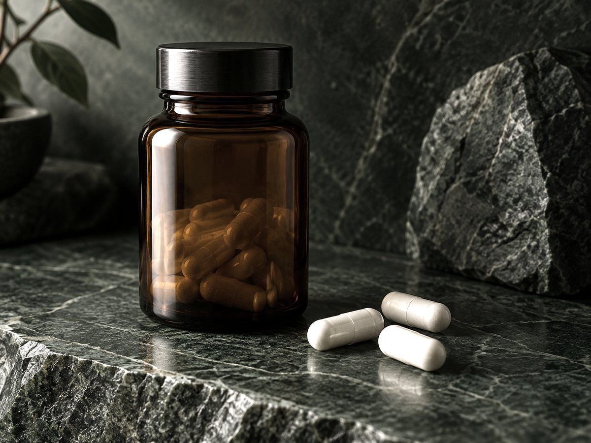 Braunglasflasche und Tabletten auf dunkler Fläche